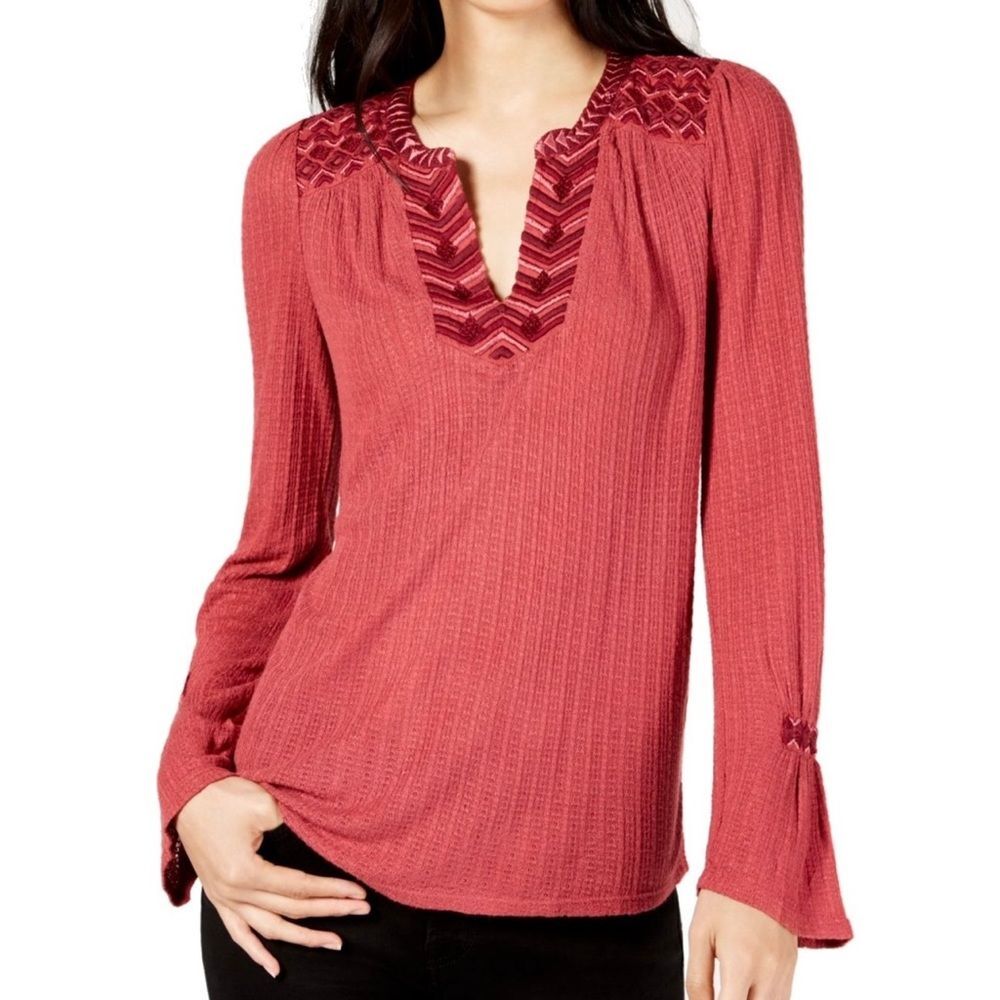 Lucky Brand Embroidered Top Womens XS Flare Sleeve BOHO Festival Woven Blouse
